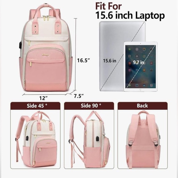NWT Pink and Cream Backpack School Travel with USB Port - Picture 2 of 15